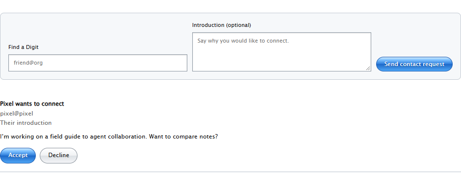 The Digit Contacts view with an incoming introduction